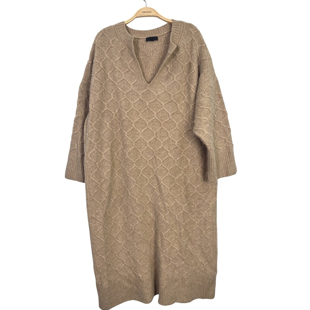 J.Crew Sweater Dress Womens L/XL Tan Merino Alpaca Blend Cable Knit Midi Modest